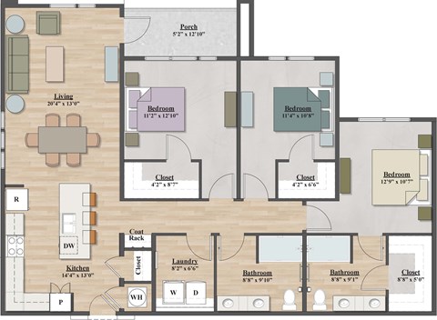 Floor plan for 3 beds, 2 baths, 1408 sqft